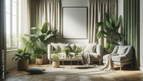 Serene living room, mock-up poster frame, lush indoor plants, comfortable seating, soft pillows, diffused sunlight, herringbone floor. 