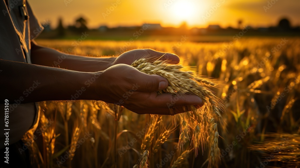 The Hands Of A Farmer Close-up Holding A Handful Of Wheat Grains In A Wheat Field. Agriculture, gardening or ecology concept