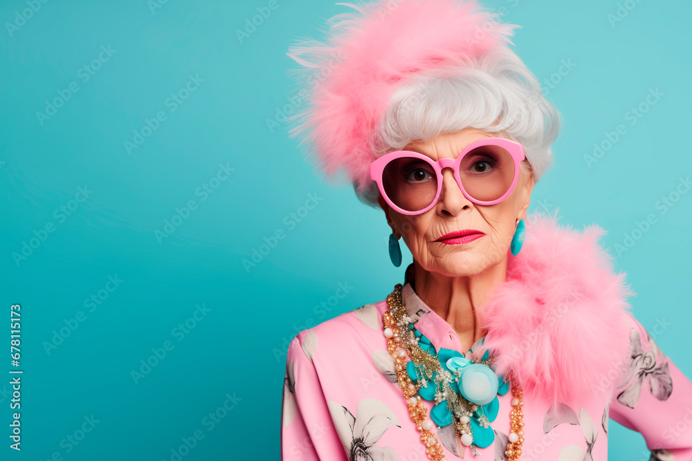 Funny stylish elderly grandmother in glasses poses at studio. Senior old woman looking at camera over bright background