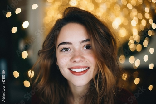 Portrait of a beautiful young woman on the background of a Christmas tree.