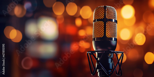 Closeup of professional microphone with dark bokeh light backdrop. Karaoke or concert concept. Generative AI