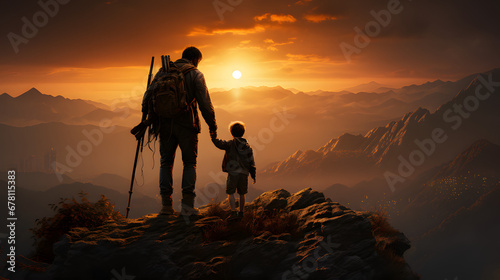 Silhouette of a person in the mountains. Sunset on mountain top. Father and son hiking. Ai generated.