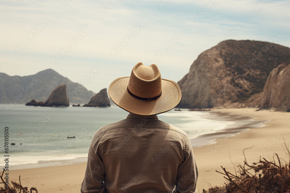 Rear view of adult man in cowboy hat on beach against mountain, aesthetic look