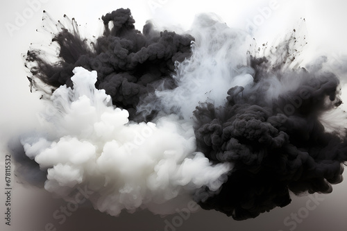 Explosion of black and white powder produced gray mixed smoke on white background. Background Abstract Texture. Splashing paint is an art. Smoke spread throughout the area.