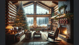 A rustic living room transformed for Christmas, offering a novel layout. The main feature is a large, floor-to-ceiling Christmas tree made of natural