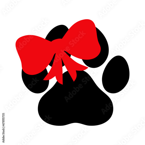 Tiempo de Navidad. Logo pet friendly. Silueta de zarpa de perro o gato con cinta y lazo de regalo para su uso en tarjetas y felicitaciones