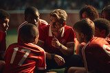 A team of young soccer players sit in a circle around their coach, listening attentively during halftime, as the coach provides tactical advice