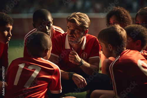 A team of young soccer players sit in a circle around their coach, listening attentively during halftime, as the coach provides tactical advice