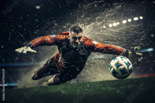 Leinwand Poster A goalkeeper is seen diving in full stretch to make a save during a tense penalt