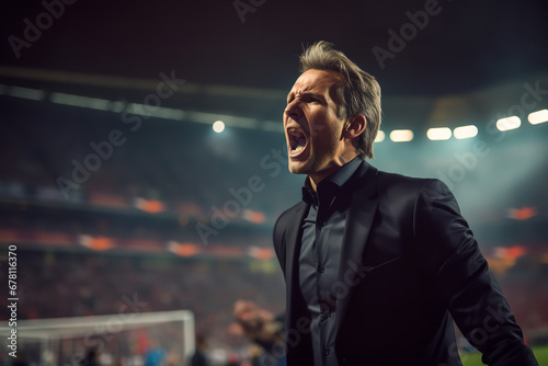 The soccer team manager is caught shouting tactical instructions from the sidelines during an important playoff game, his facial expression intense and focused photo