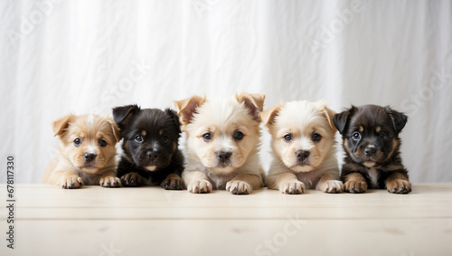 5 perros cachorros que miran con curiosidad por encima de una tabla de madera