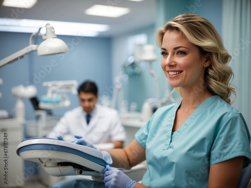 Una joven con sonrisa radiante en un consultorio dental photo