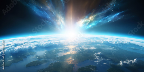 Panoramic view on planet Earth globe from space with rising sun. Glowing city lights, light clouds. Generative AI