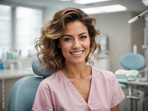 Una joven con sonrisa radiante en un consultorio dental photo