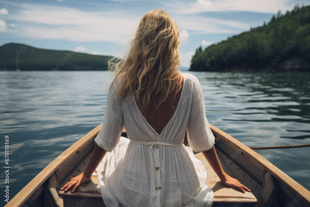 Rear view of Blonde woman in white dress enjoying vacation on the lake, White linens in old fishing boat with oar, aesthetic look