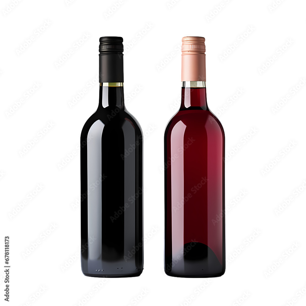 Two different wine bottles in a row on transparent background, white background, isolated, icon material, commercial photography Two different wine bottles in a row on transparent background, white background, isolated, icon material, commercial photography