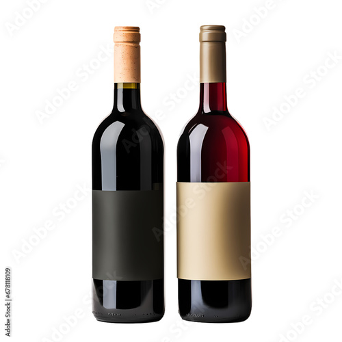 Two different wine bottles in a row on transparent background, white background, isolated, icon material, commercial photography