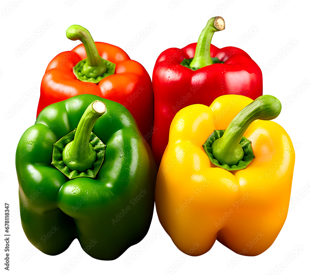 Red, green and yellow bell peppers, png file, dicut, isolated on background Red, green and yellow bell peppers, png file, dicut, isolated on background