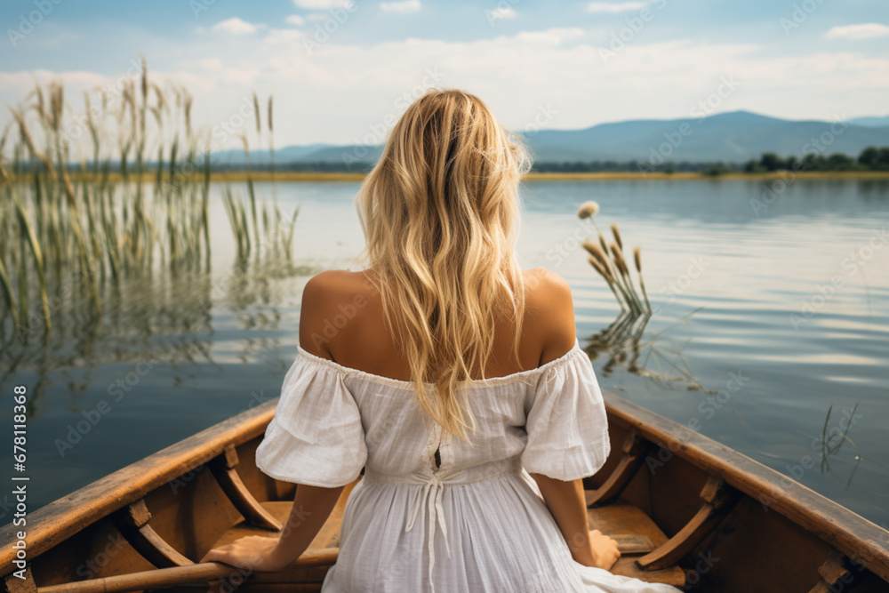 Rear view of Blonde woman in white dress enjoying vacation on the lake, White linens in old fishing boat with oar, aesthetic look