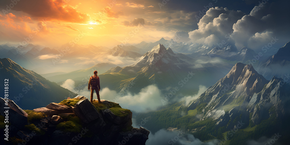 Man with backpack standing on the top of a mountain and looking at the sunset. 