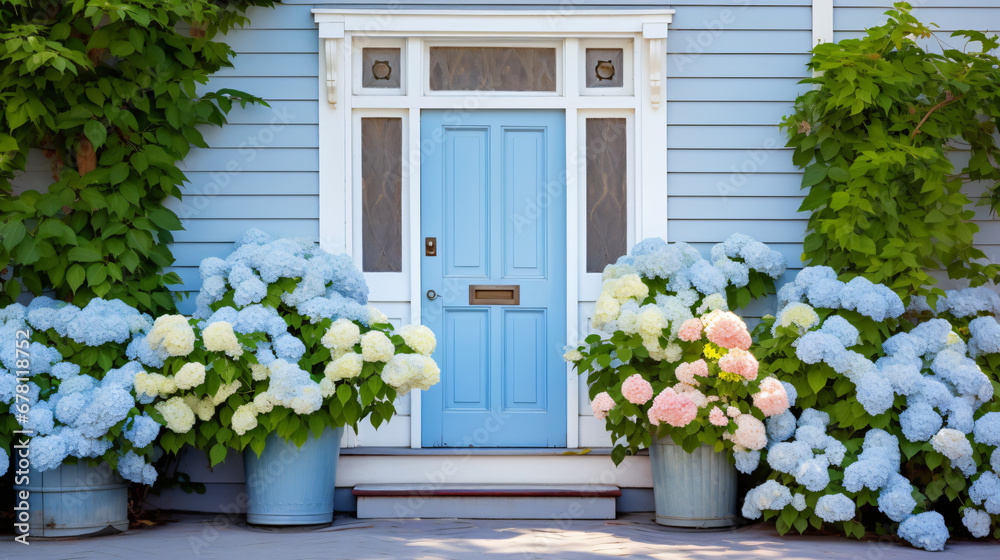 Blue front door of traditional style home.