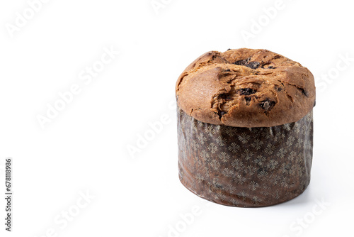 Christmas panettone cake with chocolate chips isolated on white background. Copy space
