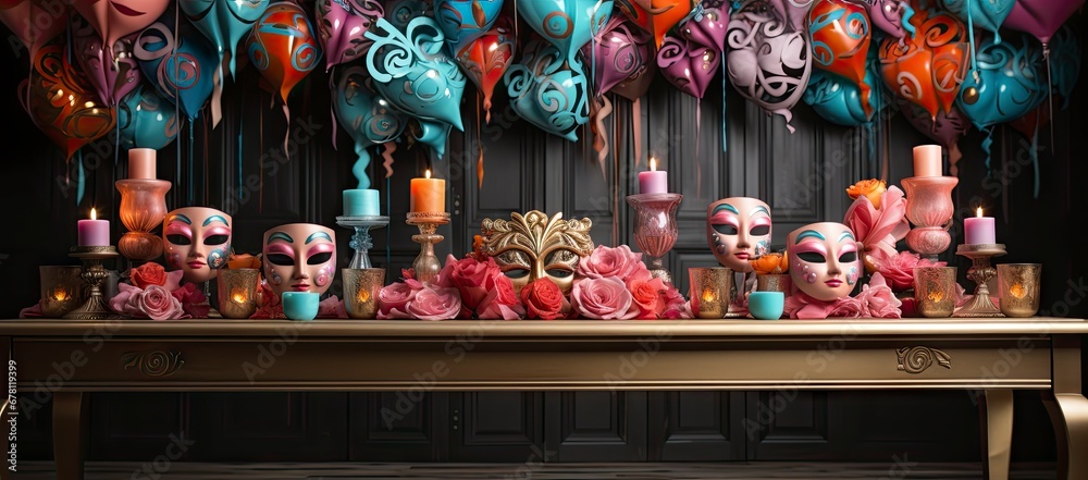 A collection of colorful Venetian masks and golden goblets, evoking a festive and mysterious masquerade ambiance.