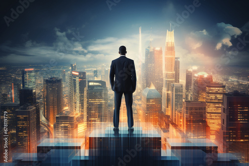 Rear view of businessman standing on bar chart and looking at city with creative double exposure effect, Concept of career ladder and investment, soft light photography