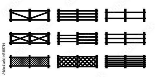 Set black silhouette wooden fence horizontal, diagonal isolated. PNG