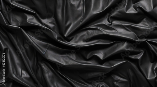 Black wrinkled plastic wrap texture. Crumpled dark thin plastic background. Generative AI