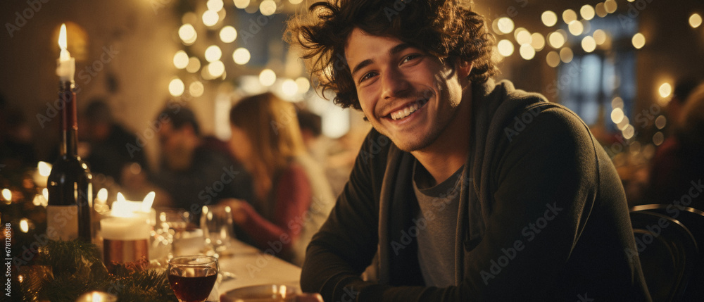 Portrait of young man smiling at camera while sitting at table in restaurant. Portrait of young man smiling at camera while sitting at table in restaurant.