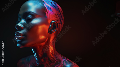 African woman in fluorescent hair mask, close up portrait on a dark background.