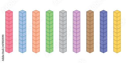 Rods represent tens. Learning about base ten blocks. Flats longs squares in mathematics. Scientific resources for teachers and students. Vector illustration.