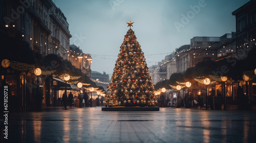 Large decorated Christmas tree in a busy city at Christmas time made with Generative AI	
