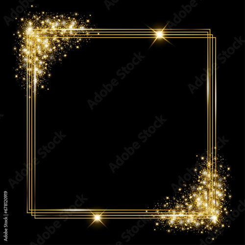Vector template of shining gold frame, background with glitter for Christmas celebration party, New Year card, wedding, bachelorette party, baby shower party, logo. Vector illustration	
