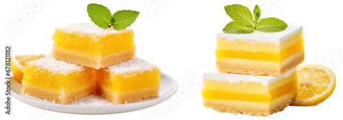 Lemon bars with a tangy citrus filling isolated on white background, dessert collection photo