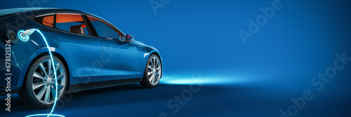 Blue electric car connected to charger on blue background with copy space. 3D Rendering  3D Illustration