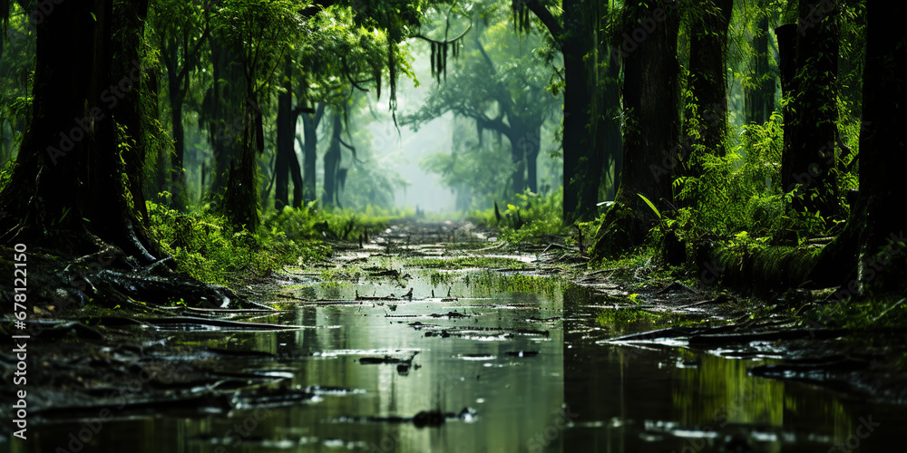 Swamp forest with a light mist. Quagmire in the spring green forest. Generative AI Swamp forest with a light mist. Quagmire in the spring green forest. Generative AI