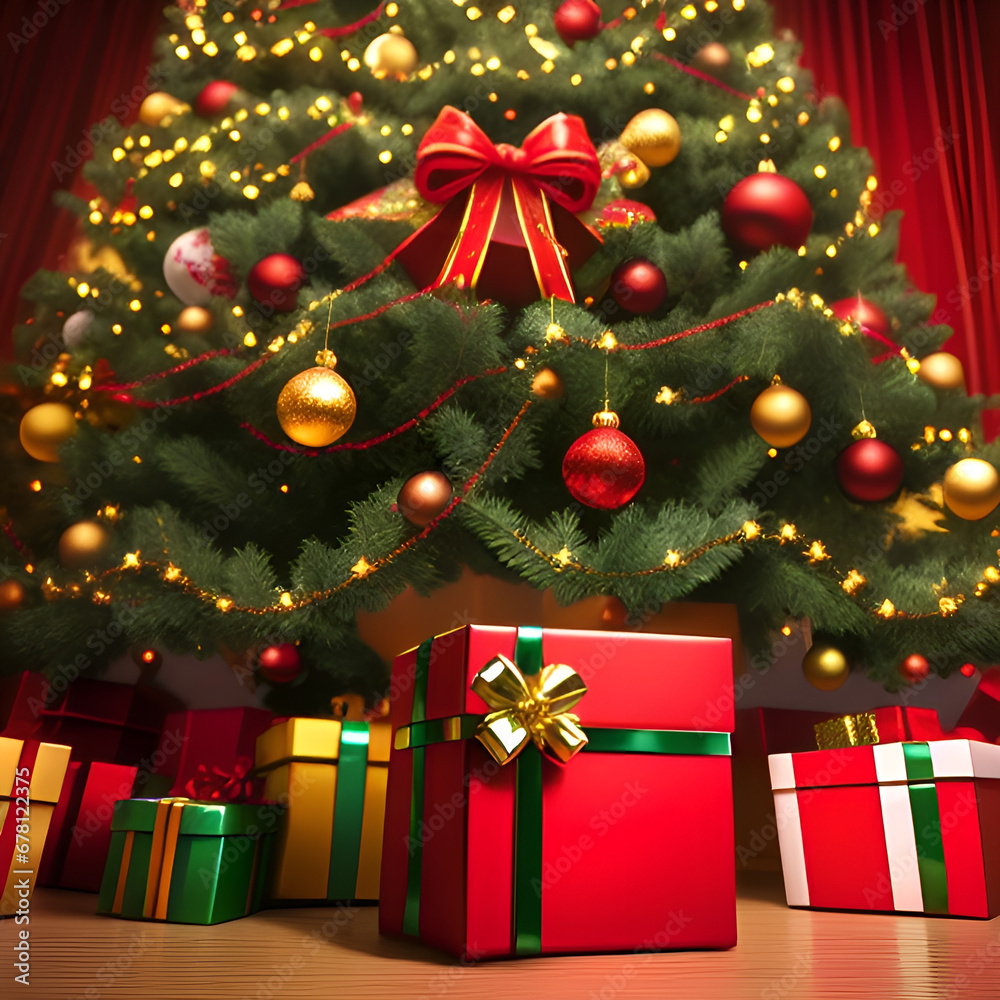 Gift box under decorated christmas tree Gift box under decorated christmas tree