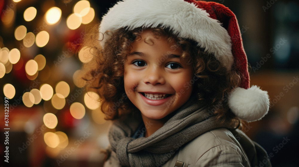 Portrait of a beautiful little girl with curly hair in a Santa hat. Portrait of a beautiful little girl with curly hair in a Santa hat.