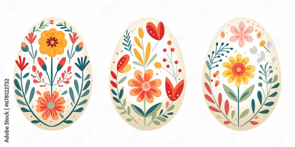 Happy Easter Egg Card. Decorated Eggs with Spring Flowers. Naive Folk Art Watercolour Illustration on White Background. Happy Easter Egg Card. Decorated Eggs with Spring Flowers. Naive Folk Art Watercolour Illustration on White Background.