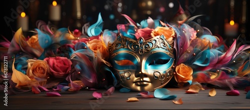 A collection of colorful Venetian masks and golden goblets, evoking a festive and mysterious masquerade ambiance.