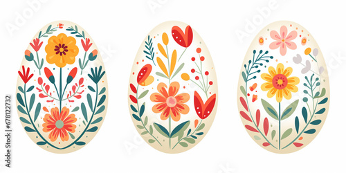 Happy Easter Egg Card. Decorated Eggs with Spring Flowers. Naive Folk Art Watercolour Illustration on White Background.