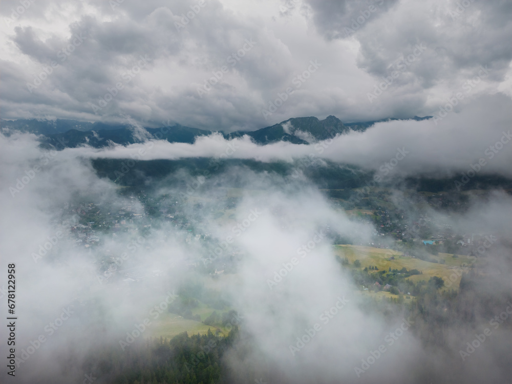 Cloudy weather in Zakopane Poland, view of the city and Mount Giewont from a drone.
