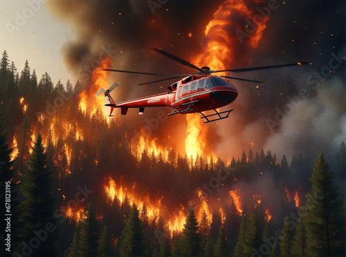 Slika na platnu Fire department helicopter extinguishes forest fire