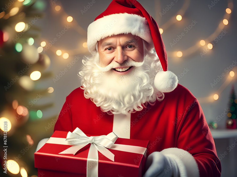Santa claus with a present gift box in the room with christmas tree background Santa claus with a present gift box in the room with christmas tree background