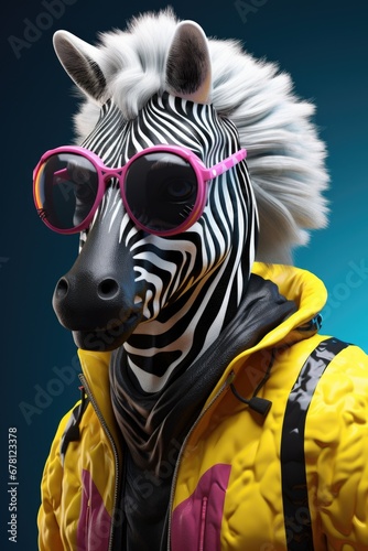 A zebra sporting stylish sunglasses and a vibrant yellow jacket. This image can be used to add a touch of fun and fashion to any project