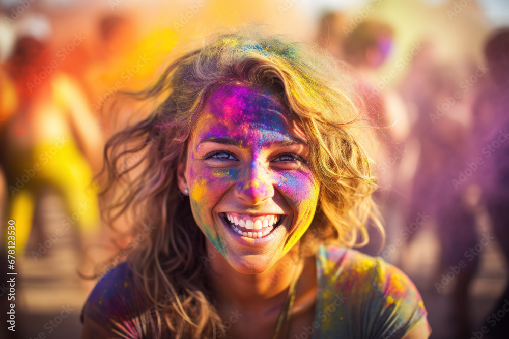 young happy girl at holi festival of colors