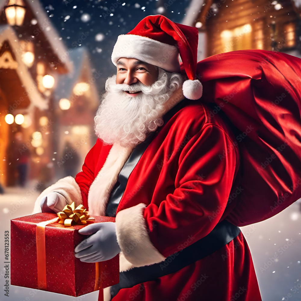 Santa claus with a present gift box with winter snow village background Santa claus with a present gift box with winter snow village background