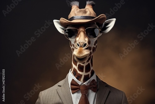 A picture of a giraffe dressed in a suit and wearing a hat. Perfect for adding a touch of whimsy and fun to any project or design